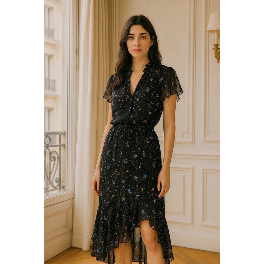 1. State Women's Rich Black Floral Bouquet High/Low Dress Size US M